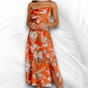 Paper Heart Tropical Floral Satin Maxi Dress Orange Slip Dress Size M
